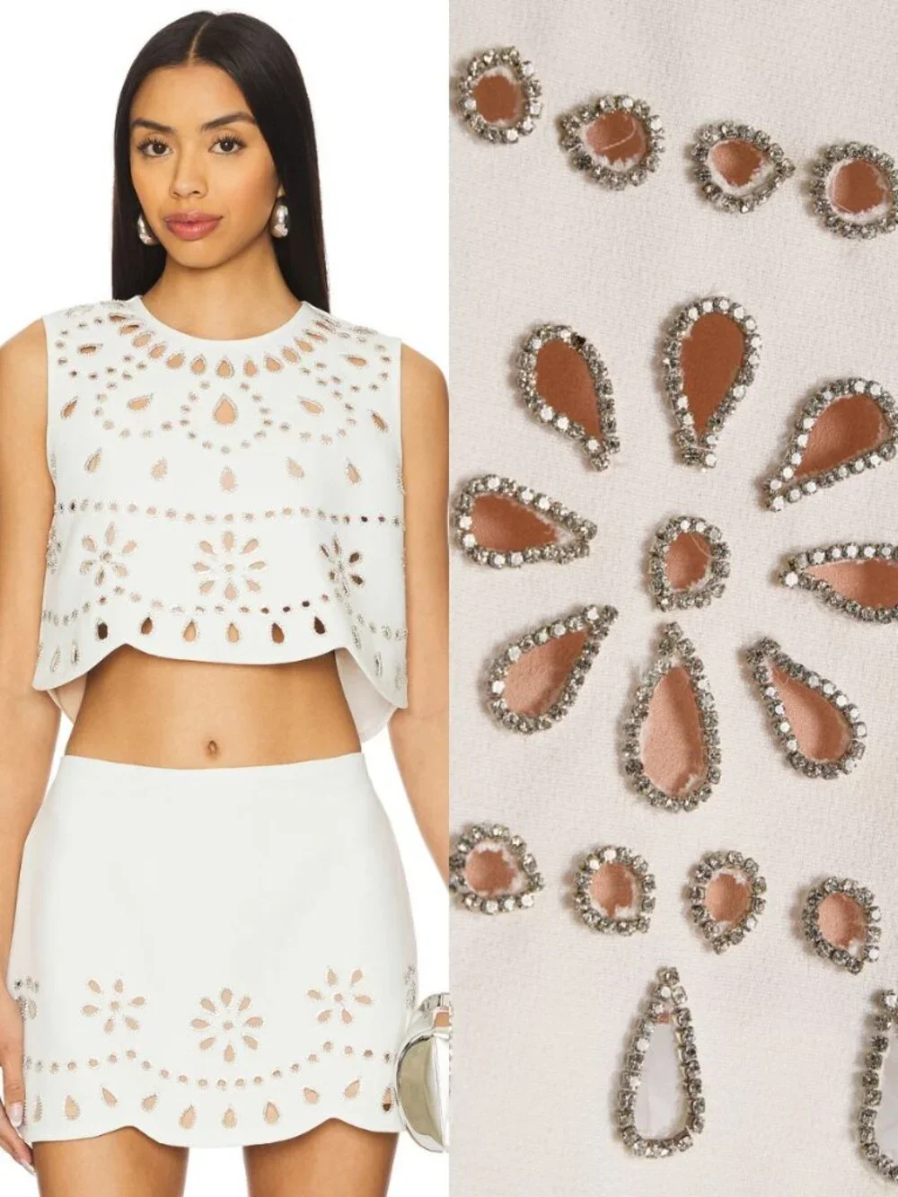 Alexis Tavy Top White Rhinestone Crystal Laser Cut Out Cropped NWT Size S - Picture 2 of 12